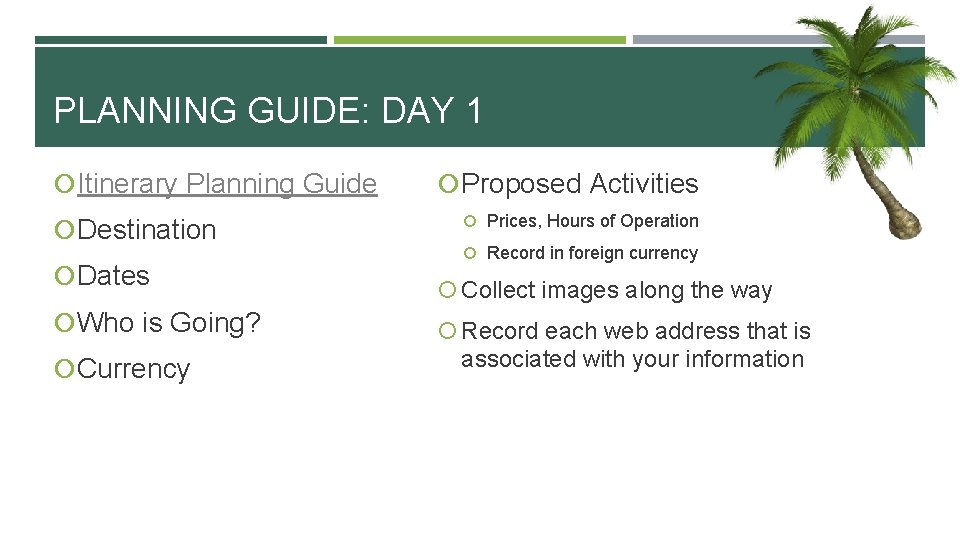 PLANNING GUIDE: DAY 1 Itinerary Planning Guide Destination Dates Who is Going? Currency Proposed