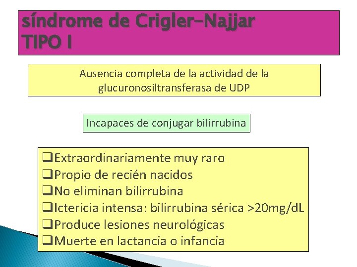 síndrome de Crigler-Najjar TIPO I Ausencia completa de la actividad de la glucuronosiltransferasa de síndrome de Crigler-Najjar TIPO I Ausencia completa de la actividad de la glucuronosiltransferasa de
