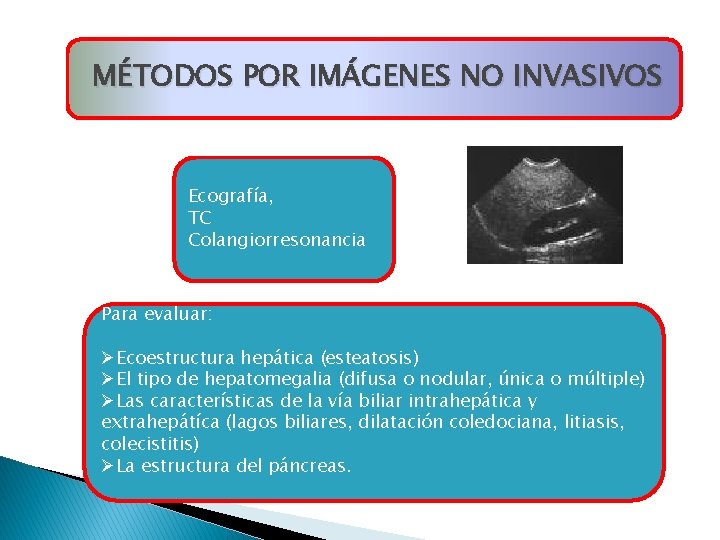 MÉTODOS POR IMÁGENES NO INVASIVOS Ecografía, TC Colangiorresonancia Para evaluar: ØEcoestructura hepática (esteatosis) ØEl MÉTODOS POR IMÁGENES NO INVASIVOS Ecografía, TC Colangiorresonancia Para evaluar: ØEcoestructura hepática (esteatosis) ØEl