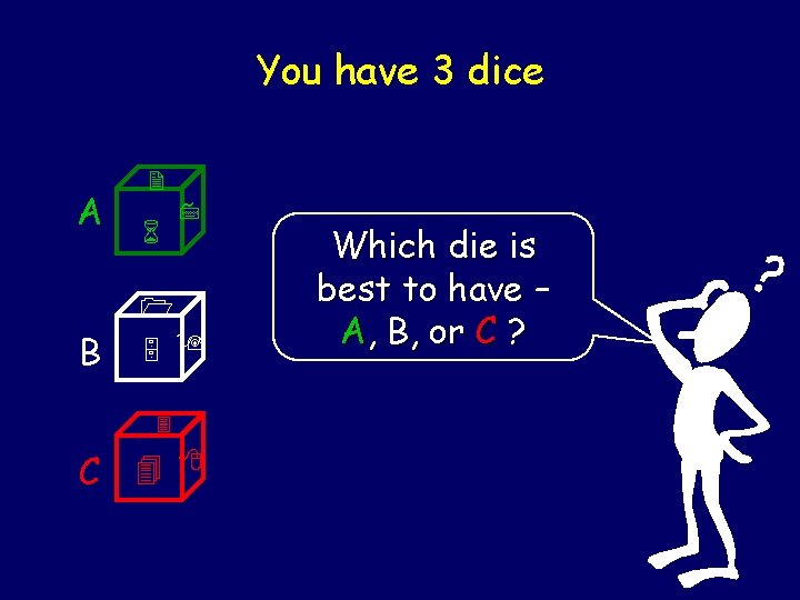 You have 3 dice A 2 6 7 1 B 5 9 3 C