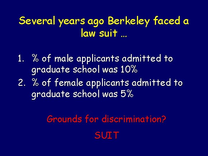 Several years ago Berkeley faced a law suit … 1. % of male applicants