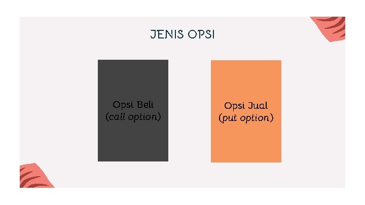 JENIS OPSI Opsi Beli (call option) Opsi Jual (put option) 