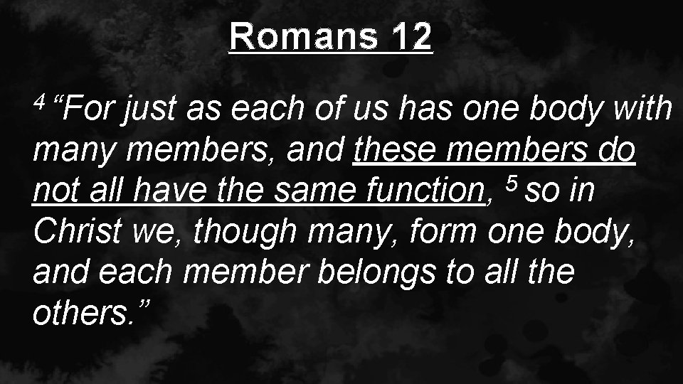 Romans 12 4 “For just as each of us has one body with many