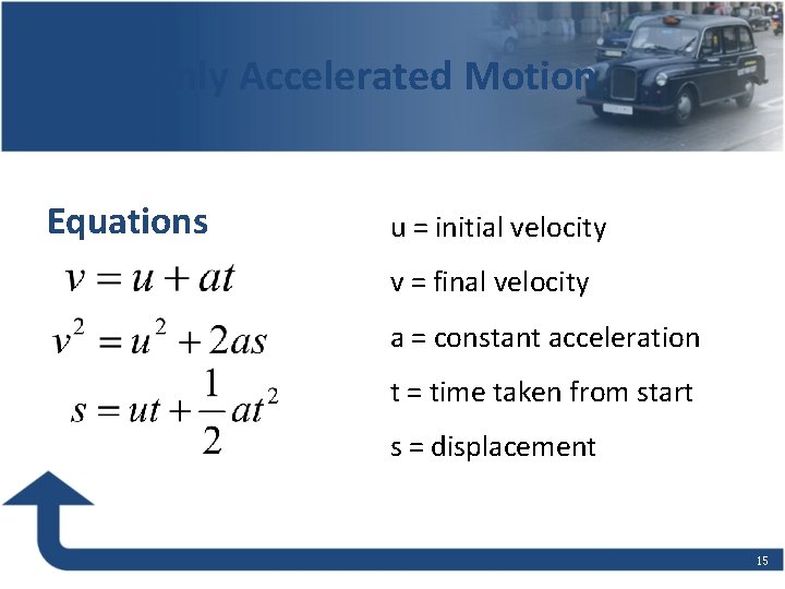 Uniformly Accelerated Motion Equations u = initial velocity v = final velocity a =