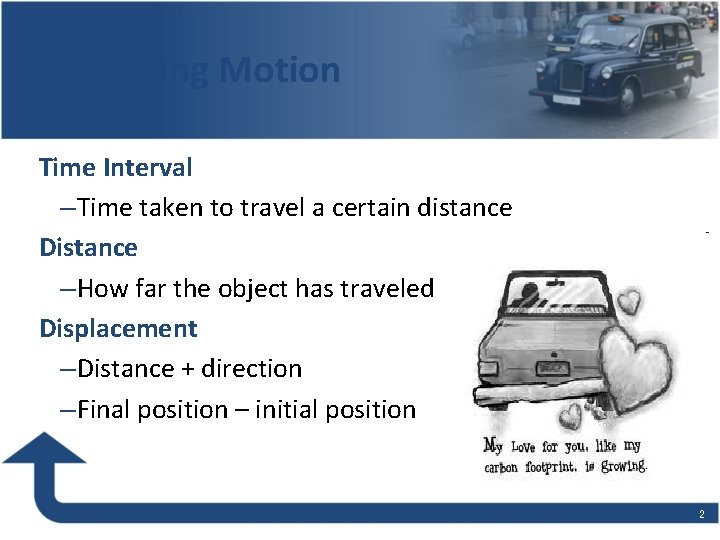 Describing Motion Time Interval – Time taken to travel a certain distance Distance –