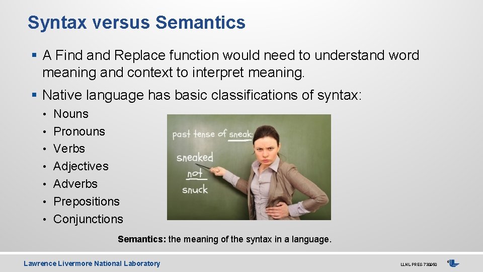 Syntax versus Semantics § A Find and Replace function would need to understand word