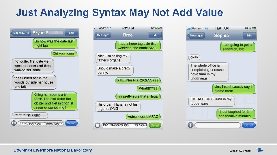 Just Analyzing Syntax May Not Add Value Lawrence Livermore National Laboratory LLNL-PRES-730950 9 