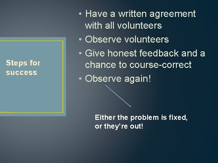 Steps for success • Have a written agreement with all volunteers • Observe volunteers