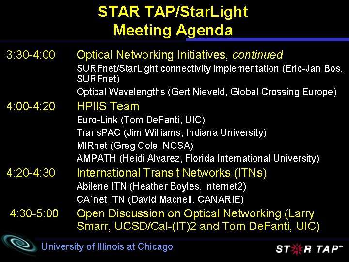 STAR TAP/Star. Light Meeting Agenda 3: 30 -4: 00 Optical Networking Initiatives, continued SURFnet/Star.