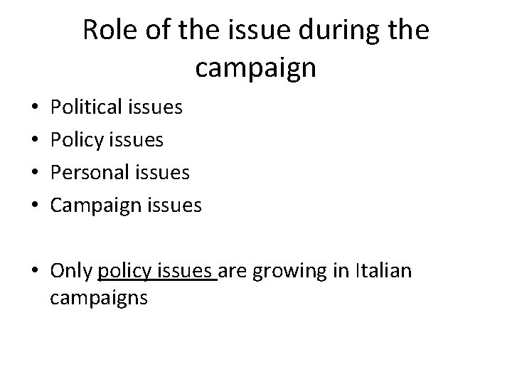 Role of the issue during the campaign • • Political issues Policy issues Personal