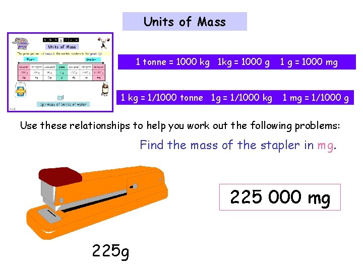 Units of Mass 1 tonne = 1000 kg 1 kg = 1000 g 1