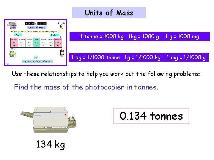 Units of Mass 1 tonne = 1000 kg 1 kg = 1000 g 1