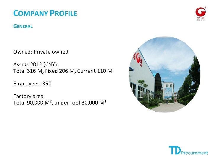 COMPANY PROFILE GENERAL Owned: Private owned Assets 2012 (CNY): Total 316 M, Fixed 206