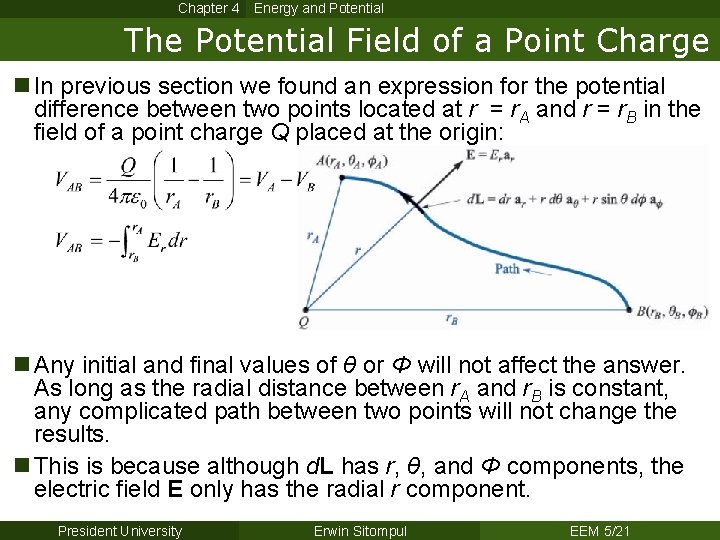 Chapter 4 Energy and Potential The Potential Field of a Point Charge n In