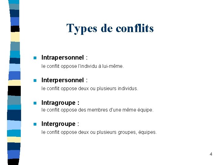 Types de conflits n Intrapersonnel : le conflit oppose l’individu à lui-même. n Interpersonnel