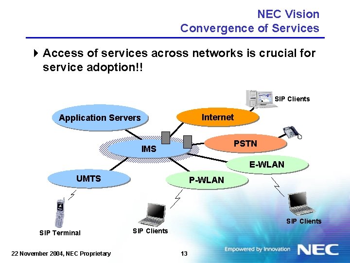 NEC Vision Convergence of Services 4 Access of services across networks is crucial for