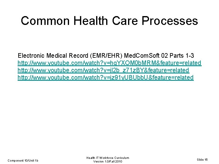 Common Health Care Processes Electronic Medical Record (EMR/EHR) Med. Com. Soft 02 Parts 1