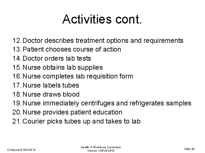 Activities cont. 12. Doctor describes treatment options and requirements 13. Patient chooses course of