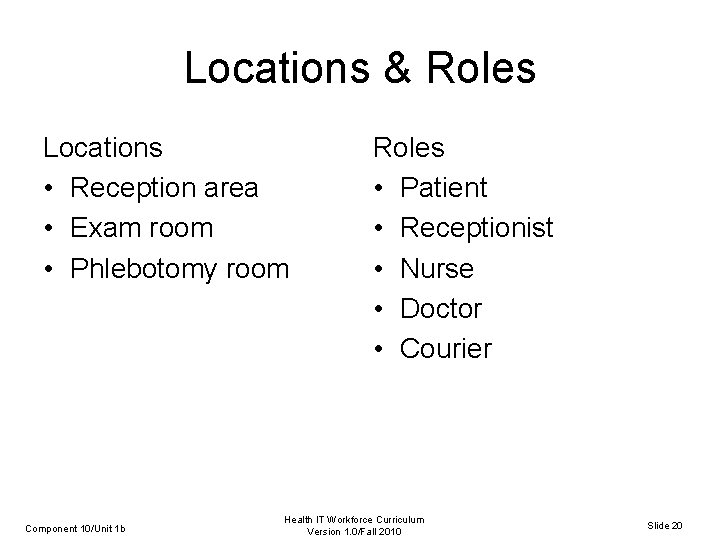 Locations & Roles Locations • Reception area • Exam room • Phlebotomy room Component