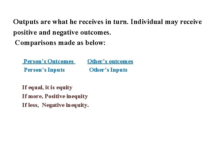 Outputs are what he receives in turn. Individual may receive positive and negative outcomes.