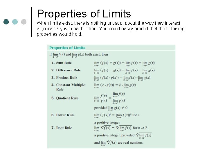 Properties of Limits When limits exist, there is nothing unusual about the way they