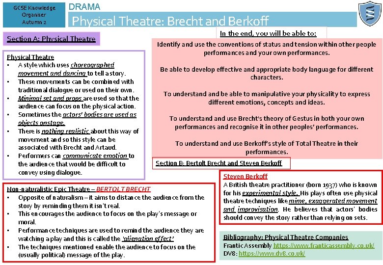 GCSE Knowledge Organiser Autumn 2 DRAMA Physical Theatre: Brecht and Berkoff Section A: Physical