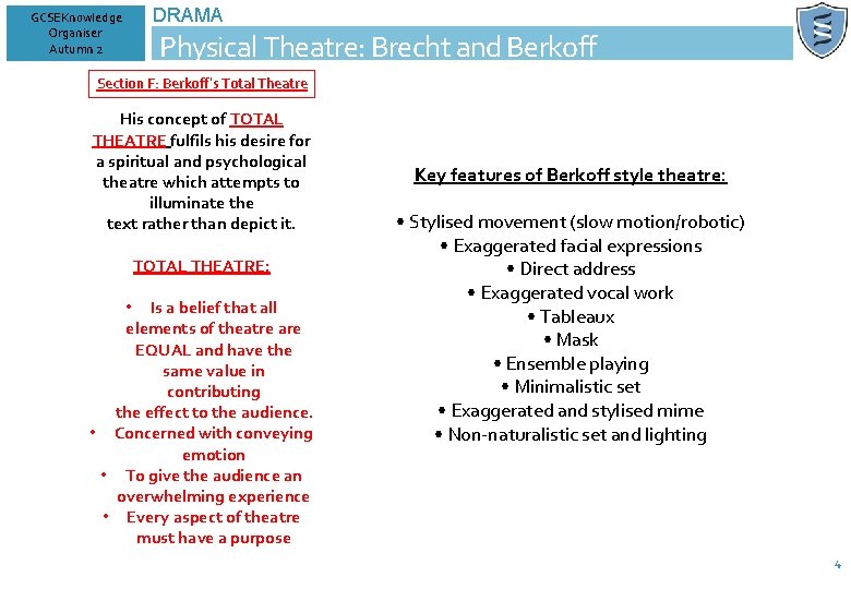 GCSEKnowledge Organiser Autumn 2 DRAMA Physical Theatre: Brecht and Berkoff Section F: Berkoff’s Total