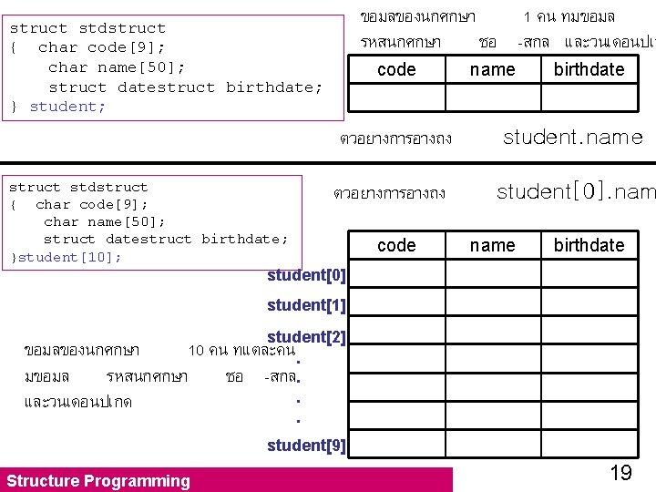 ขอมลของนกศกษา 1 คน ทมขอมล รหสนกศกษา ชอ -สกล และวนเดอนปเก struct stdstruct { char code[9]; char