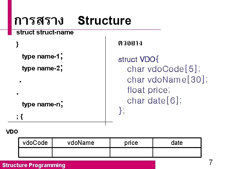 การสราง Structure struct-name } type name-1; type name-2; . . type name-n; ; {