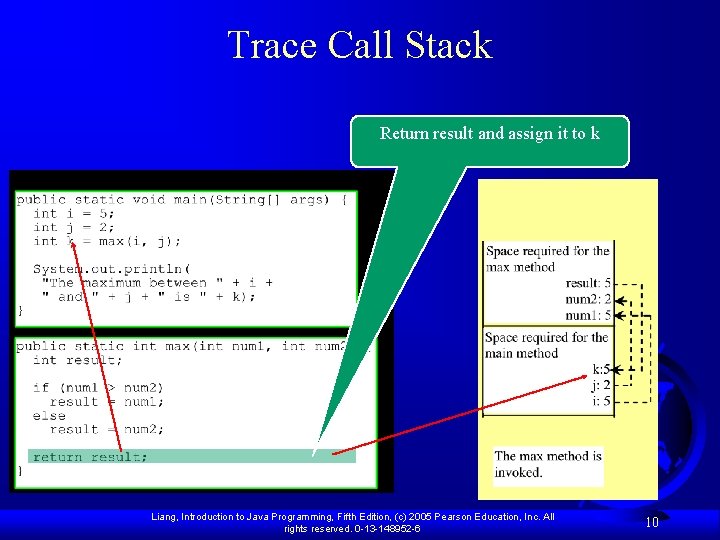 Trace Call Stack Return result and assign it to k Liang, Introduction to Java Trace Call Stack Return result and assign it to k Liang, Introduction to Java