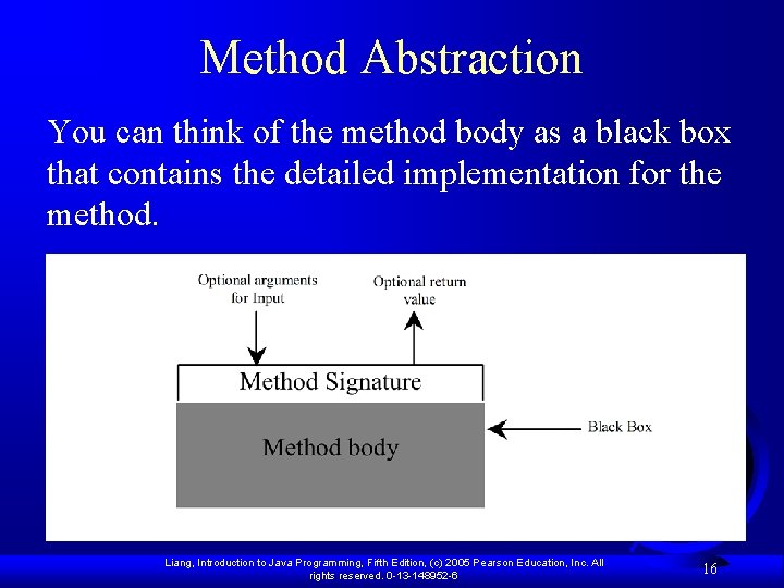 Method Abstraction You can think of the method body as a black box that Method Abstraction You can think of the method body as a black box that