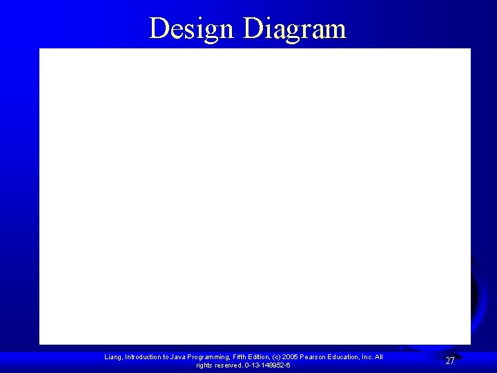 Design Diagram Liang, Introduction to Java Programming, Fifth Edition, (c) 2005 Pearson Education, Inc. Design Diagram Liang, Introduction to Java Programming, Fifth Edition, (c) 2005 Pearson Education, Inc.