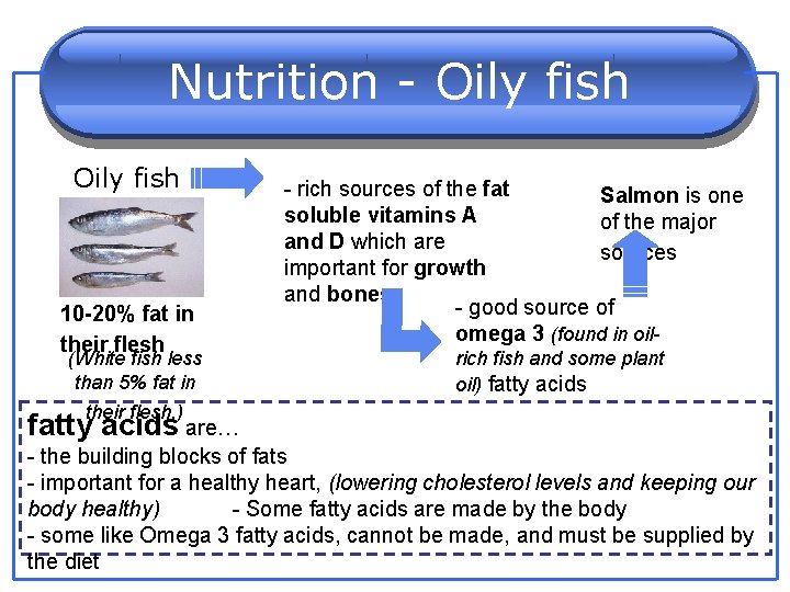 Nutrition - Oily fish 10 -20% fat in their flesh (White fish less than