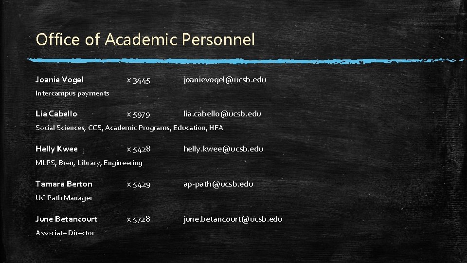 Office of Academic Personnel Joanie Vogel x 3445 joanievogel@ucsb. edu x 5979 lia. cabello@ucsb. Office of Academic Personnel Joanie Vogel x 3445 joanievogel@ucsb. edu x 5979 lia. cabello@ucsb.