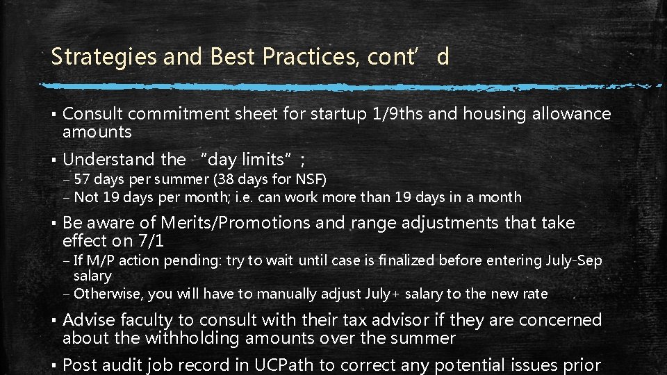 Strategies and Best Practices, cont’d ▪ Consult commitment sheet for startup 1/9 ths and Strategies and Best Practices, cont’d ▪ Consult commitment sheet for startup 1/9 ths and