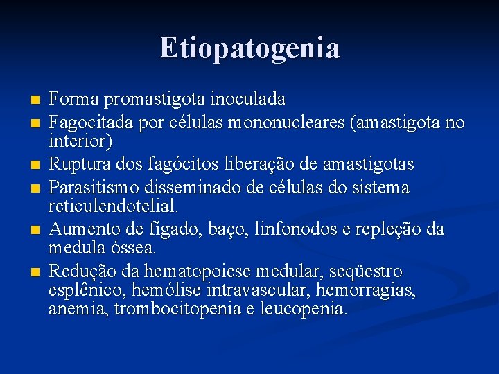 Etiopatogenia n n n Forma promastigota inoculada Fagocitada por células mononucleares (amastigota no interior)