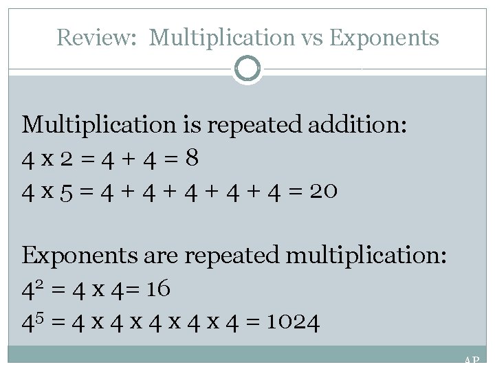Review: Multiplication vs Exponents Multiplication is repeated addition: 4 x 2=4+4=8 4 x 5
