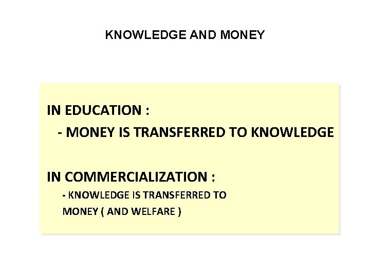 KNOWLEDGE AND MONEY IN EDUCATION : - MONEY IS TRANSFERRED TO KNOWLEDGE IN COMMERCIALIZATION