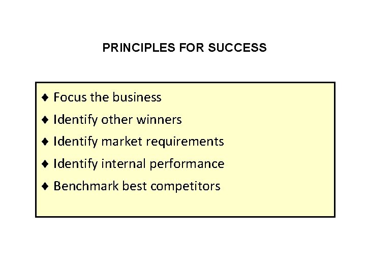 PRINCIPLES FOR SUCCESS Focus the business Identify other winners Identify market requirements Identify internal