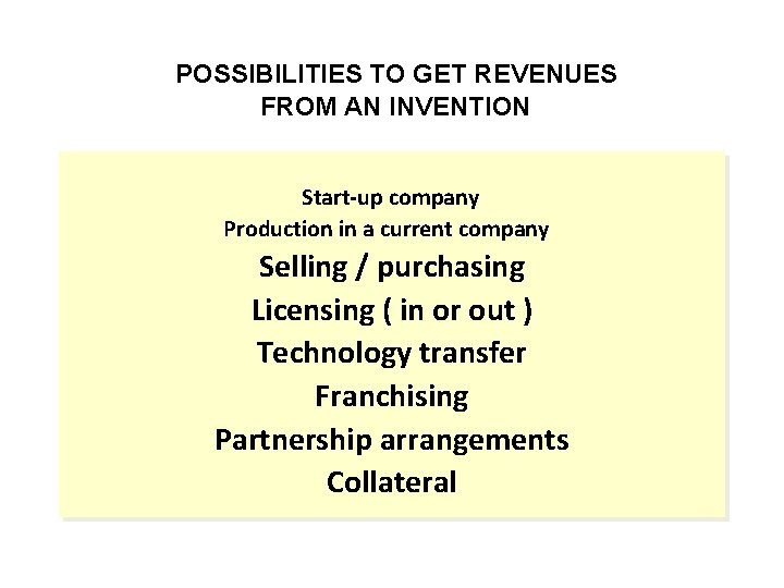 POSSIBILITIES TO GET REVENUES FROM AN INVENTION Start-up company Production in a current company