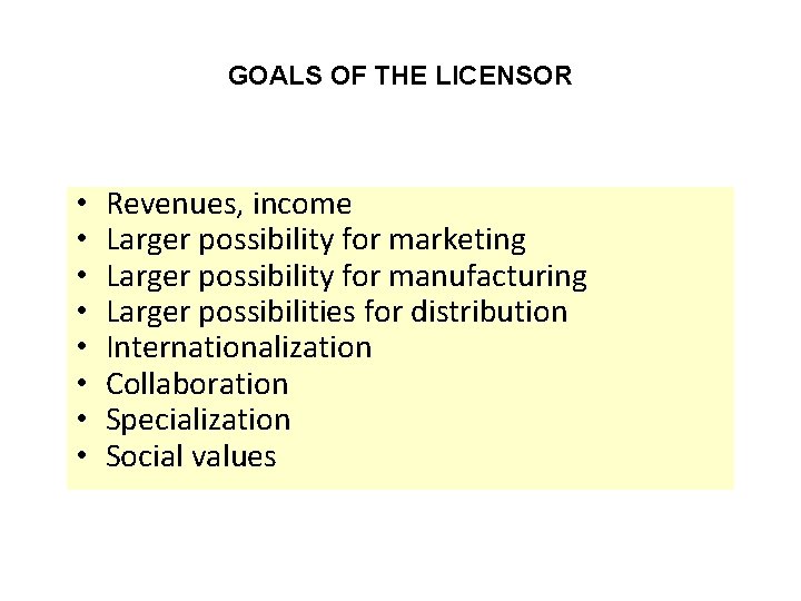 GOALS OF THE LICENSOR • • Revenues, income Larger possibility for marketing Larger possibility