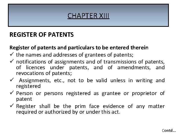 CHAPTER XIII REGISTER OF PATENTS Register of patents and particulars to be entered therein