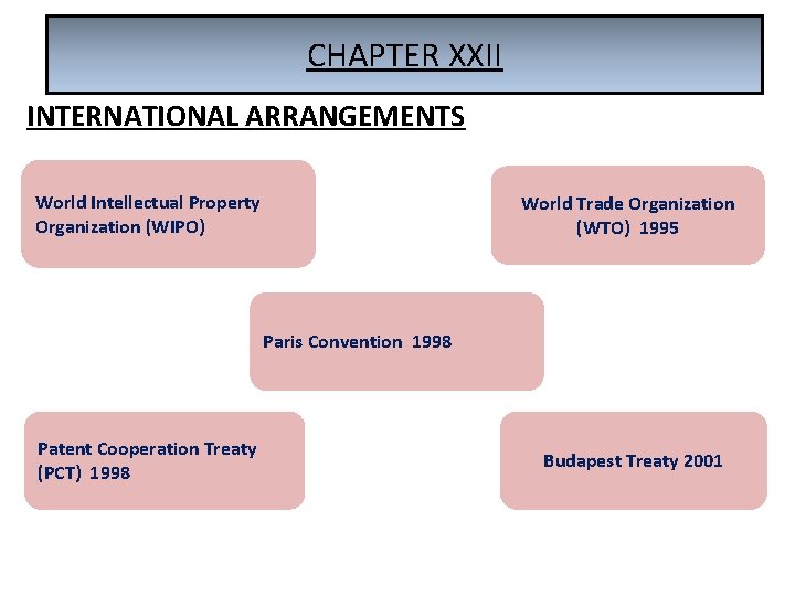 CHAPTER XXII INTERNATIONAL ARRANGEMENTS World Intellectual Property Organization (WIPO) World Trade Organization (WTO) 1995