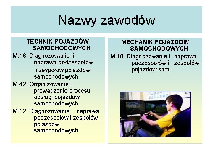 Nazwy zawodów TECHNIK POJAZDÓW SAMOCHODOWYCH M. 18. Diagnozowanie i naprawa podzespołów i zespołów pojazdów