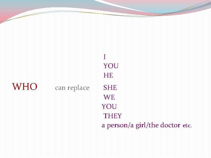 I YOU HE WHO can replace SHE WE YOU THEY a person/a girl/the doctor