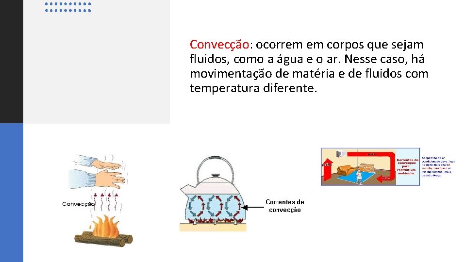 Convecção: ocorrem em corpos que sejam fluidos, como a água e o ar. Nesse