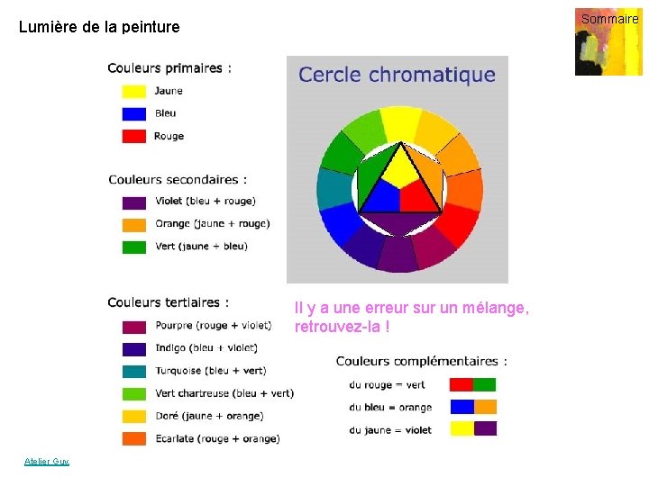 Sommaire Lumière de la peinture Il y a une erreur sur un mélange, retrouvez-la