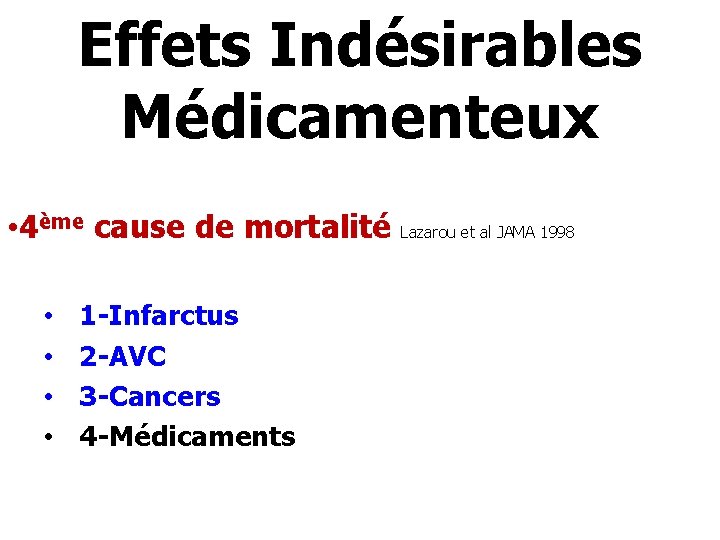 Effets Indésirables Médicamenteux • 4ème cause de mortalité • • 1 -Infarctus 2 -AVC