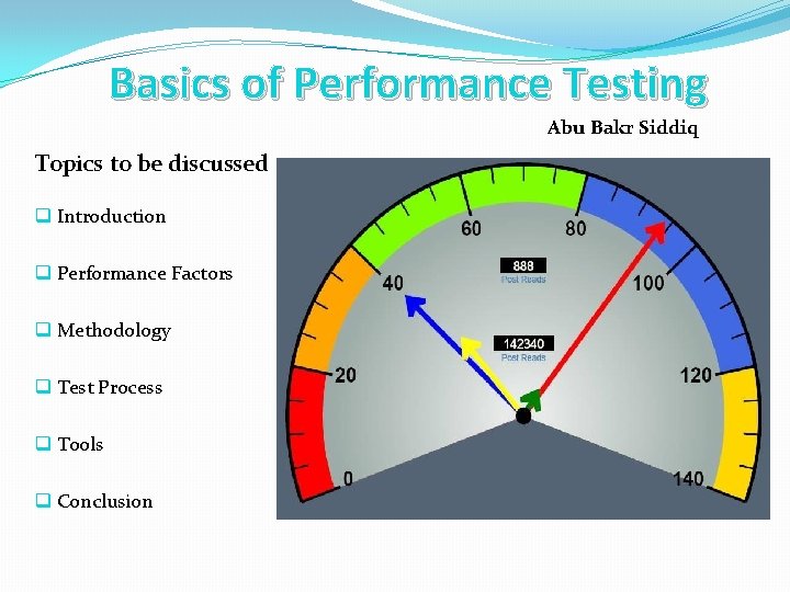Basics of Performance Testing Abu Bakr Siddiq Topics to be discussed q Introduction q