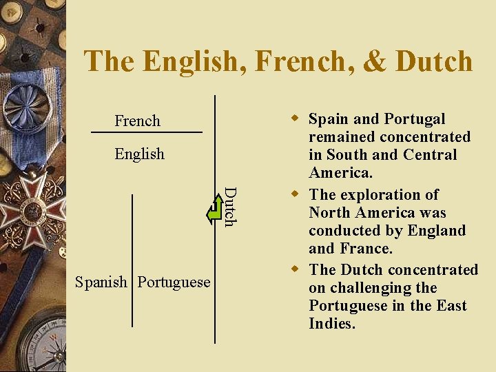 The English, French, & Dutch French English Dutch Spanish Portuguese w Spain and Portugal